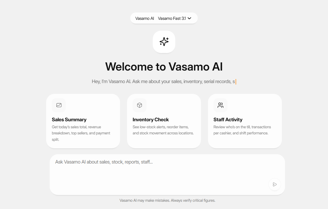 Vasamo AI assistant with sales summary, inventory and staff activity prompts