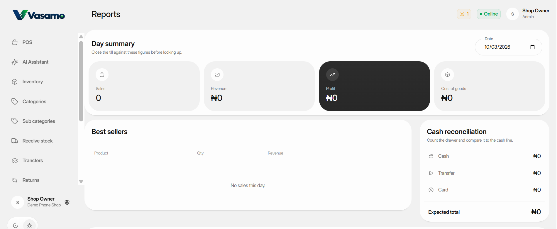 Vasamo reports showing the day summary, best sellers and cash reconciliation
